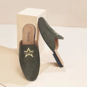 Embroidery Print Velvet Back Open Flat Mules Mojaris For Men  (Olive , 8) Special price